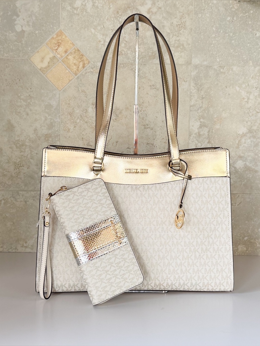 Michael Kors Jet Set Travel Multifunction Tote Shoulder Bag + Wallet MK Gold